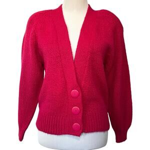 Women’s Vintage 80s 90s Cardigan Sweater Bright Pink V-Neck 3-Button Size Small